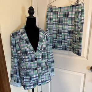 Talbots Madras Patchwork Blazer & Skirt Sz 8 Turquoise Blue White Plaid Jacket